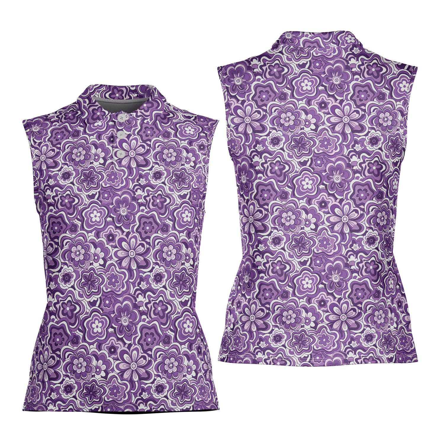 Crazy Daisies Purple Women's Sleeveless Performance Polo - Image 3